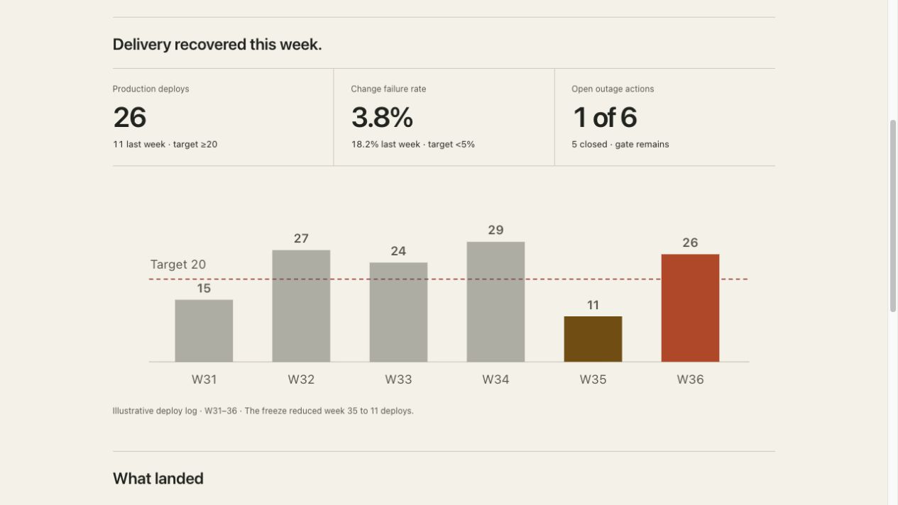 A weekly report with a deployment chart and remaining release risk