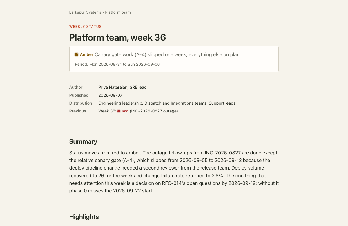 Project report with progress, status, and next steps